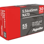Box of Aguila 5.56x45mm NATO ammunition, full metal jacket, 55 grain, 30 rounds