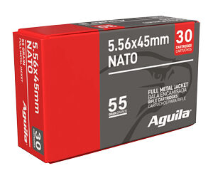 Box of Aguila 5.56x45mm NATO ammunition, full metal jacket, 55 grain, 30 rounds