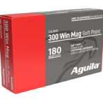 Box of Aguila 300 Win Mag Soft Point ammunition, 180 grain, red and gray packaging.