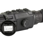 Black tactical night-vision monocular/scope with a rugged exterior, foldable eyepiece, and adjustable focus for low-light viewing.