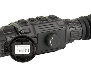 Rugged night vision monocular with eyepiece, multiple control knobs, and protective cap opened revealing a label on the front lens housing