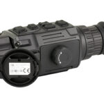 Black night-vision monocular with a foldable eyepiece, rugged control buttons on top, and a textured focusing ring.