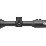 Black rifle scope with adjustment dial in the center and lens ends on both sides, designed for aiming on a firearm.
