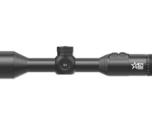 Black rifle scope with adjustment dial in the center and lens ends on both sides, designed for aiming on a firearm.