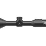 Black rifle scope featuring a central adjustment knob, left eyepiece, and right objective bell for aiming accuracy.