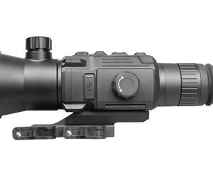Black riflescope with adjustment knobs and a mounting rail, used for aiming on a firearm.