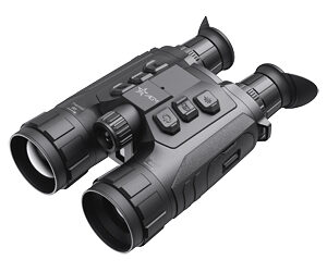 Electronic night-vision binoculars with top-mounted control buttons and dual eyepieces.