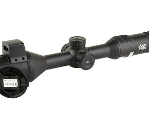 Black riflescope with adjustment turrets, a magnified front lens, and a rubber eyepiece shown from the side.