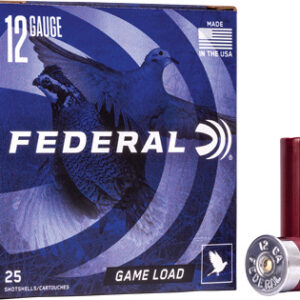 Box of Federal 12-gauge Game Load shotgun shells; blue box with a pheasant image, 'FEDERAL' branding, and a red shell beside it.