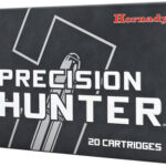 Hornady Precision Hunter ammunition box, 20 cartridges, with a rifle bullet shown to the left.