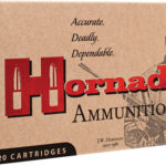 Box of Hornady Ammunition, 20 cartridges, beige packaging with red logo and soldier illustration.
