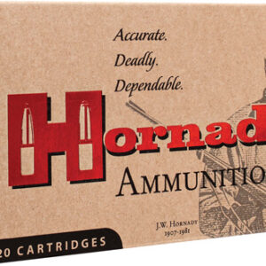 Box of Hornady Ammunition, 20 cartridges, beige packaging with red logo and soldier illustration.