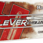 Box of Hornady LeverEvolution ammunition, labeled '20 Cartridges' with red and brown graphic design