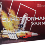 Box of Hornady Superformance Varmint ammunition containing 20 cartridges with fiery design and rifle imagery