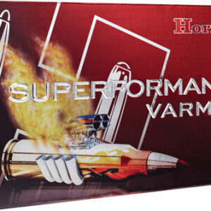 Box of Hornady Superformance Varmint ammunition containing 20 cartridges with fiery design and rifle imagery