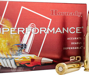 Red Hornady Superformance ammunition box (20 gauge) with three brass bullets beside it on a white background.