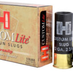 Box of H Custom Lite shotgun slugs with Hornady branding, showing two slugs outside the box (one upright, one laid on its side) featuring black cases and a red tip.