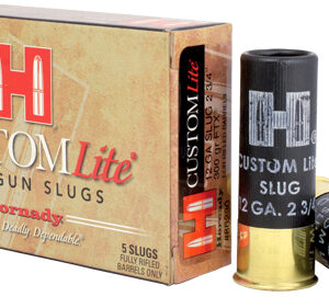 Box of H Custom Lite shotgun slugs with Hornady branding, showing two slugs outside the box (one upright, one laid on its side) featuring black cases and a red tip.
