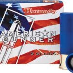 Box of Hornady American Gunner 5 Slugs shotgun ammunition with two blue shells visible
