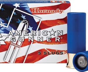 Box of Hornady American Gunner 5 Slugs shotgun ammunition with two blue shells visible