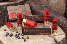 Assorted Buckshot shotgun ammunition boxes with red shotgun shells arranged on a wooden surface.