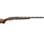 Side view of a rifle with a wooden stock and long metal barrel.