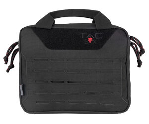 Black tactical pouch with MOLLE-style webbing on the front and dual top handles for carry.