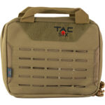 Tan tactical pouch with a top handle and horizontal MOLLE webbing for attaching gear, TAC SIX logo visible