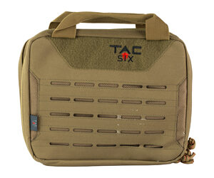 Tan tactical pouch with a top handle and horizontal MOLLE webbing for attaching gear, TAC SIX logo visible