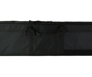 Black elongated soft gun case with multiple exterior pockets and a carrying handle.