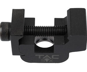 Black TAC-branded clamp vise with screw adjustment and padded jaws for securing firearm components.