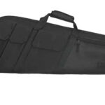 Black soft gun case with a handle and multiple exterior pockets for storage.