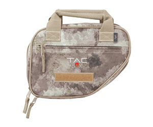 Camouflage beige and brown compact tactical pouch with two handles, a zipper along the side, and a leather patch on the front displaying the TAC logo.