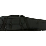 Long black soft rifle case with multiple exterior pockets and carrying handles laid flat.