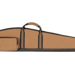 Long tan rifle case with black bottom sleeve, two carrying handles, and a small front pocket.