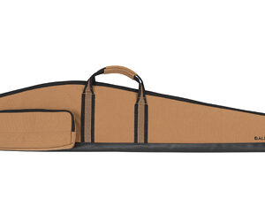 Long tan rifle case with black bottom sleeve, two carrying handles, and a small front pocket.