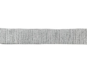 Long gray knitted scarf laid flat on a white background