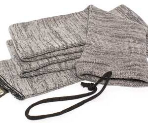 Two gray knitted scarves with a drawstring, folded together on a white background.