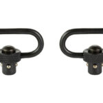 Pair of black rifle scope rings with knurled locking screws for mounting a scope