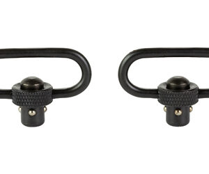 Pair of black rifle scope rings with knurled locking screws for mounting a scope