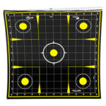 Rectangular shooting target mat with a black grid and five yellow hit markers, including a central yellow circle; brand name Allen visible in the bottom right.