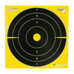 Yellow target sheet with black concentric rings and a centered yellow bullseye; used for marksmanship practice (Allen brand).