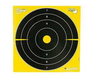 Yellow target sheet with black concentric rings and a centered yellow bullseye; used for marksmanship practice (Allen brand).