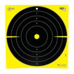 Bright yellow square target with black concentric circles and a yellow bullseye; two horizontal hit marks left and right of center.
