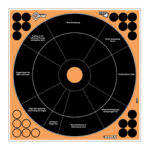 Radial infographic wheel with an orange border and black segmented disk, showing category labels around the rim and a central orange hub.