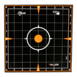 Target shooting board with a black grid, white rings, and an orange bullseye at center; orange aiming points at top, bottom, left, and right; brand logos present.