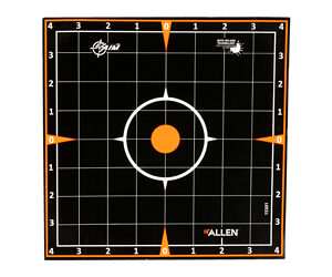 Target shooting board with a black grid, white rings, and an orange bullseye at center; orange aiming points at top, bottom, left, and right; brand logos present.