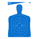 Blue human-shaped shooting target with concentric rings and numbered scoring zones for practice (inner rings show higher scores).
