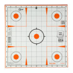 Shooting target sheet with a central bullseye and four orange-ring targets on a grid, with measurement marks along the edges and branding text.