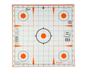 Shooting target sheet with a central bullseye and four orange-ring targets on a grid, with measurement marks along the edges and branding text.